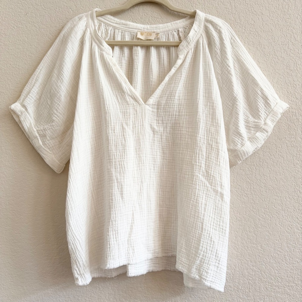 Nation LTD Cotton Gauze V-Neck Relaxed Boho Top Made in USA Sz M Romantic Breezy